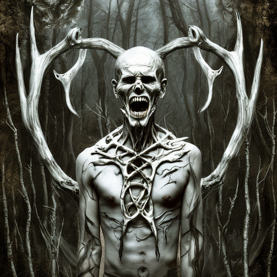 Skeletal-faced creature with antler-like horns in forest setting