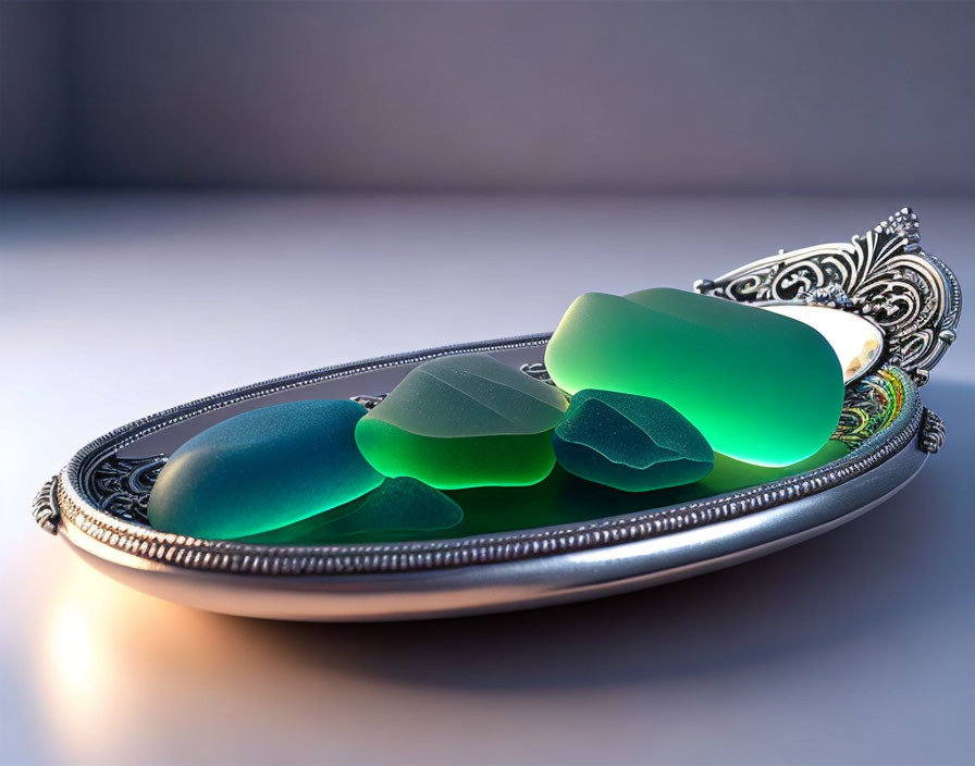 Silver Ornate Tray with Polished Multi-Colored Sea Glass Collection