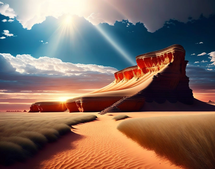 Desert dunes and rock formations under golden sunset sky