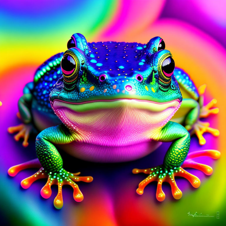 Vivid Stylized Frog Art in Blue, Green & Purple Palette