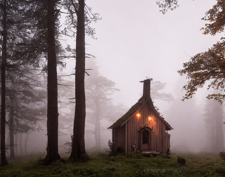 Cozy wooden cottage in misty forest scene