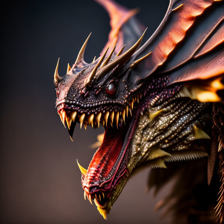 Detailed close-up of fierce dragon with sharp horns and red eyes against dark background