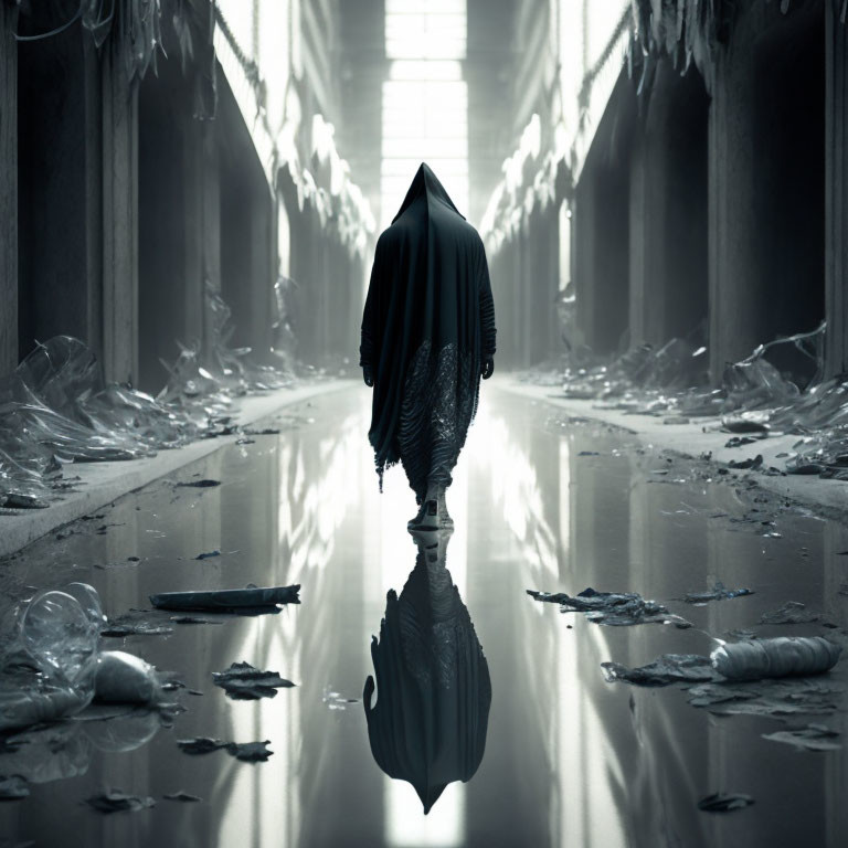 Cloaked figure in desolate hallway with reflection in water puddle