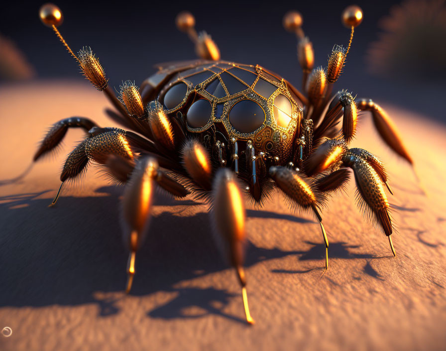 Steampunk-style mechanical spider with intricate gears on sandy surface