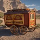 Vintage Wooden Caravan in Desert Landscape with Decorative Patterns