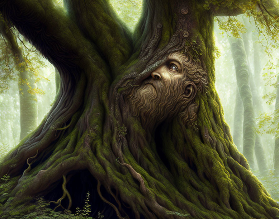 Mystical illustration of ancient tree with human-like face in enchanted forest