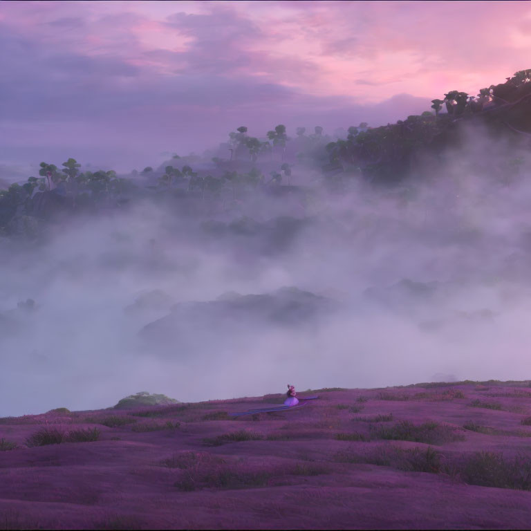 Misty Purple Landscape with Lone Figure at Dawn