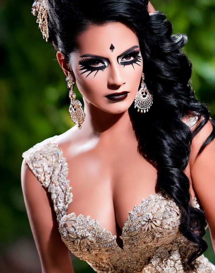 Dramatic makeup and ornate attire on woman with long hair