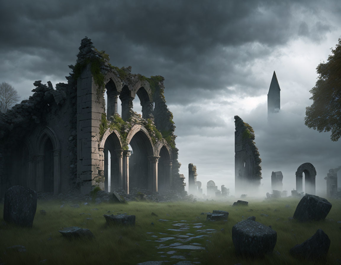 Decaying Gothic arches and tombstones in misty field with ominous obelisk