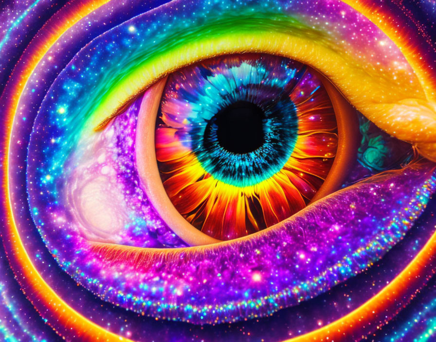 Colorful Digital Artwork: Eye with Galaxy Patterns & Star Effects