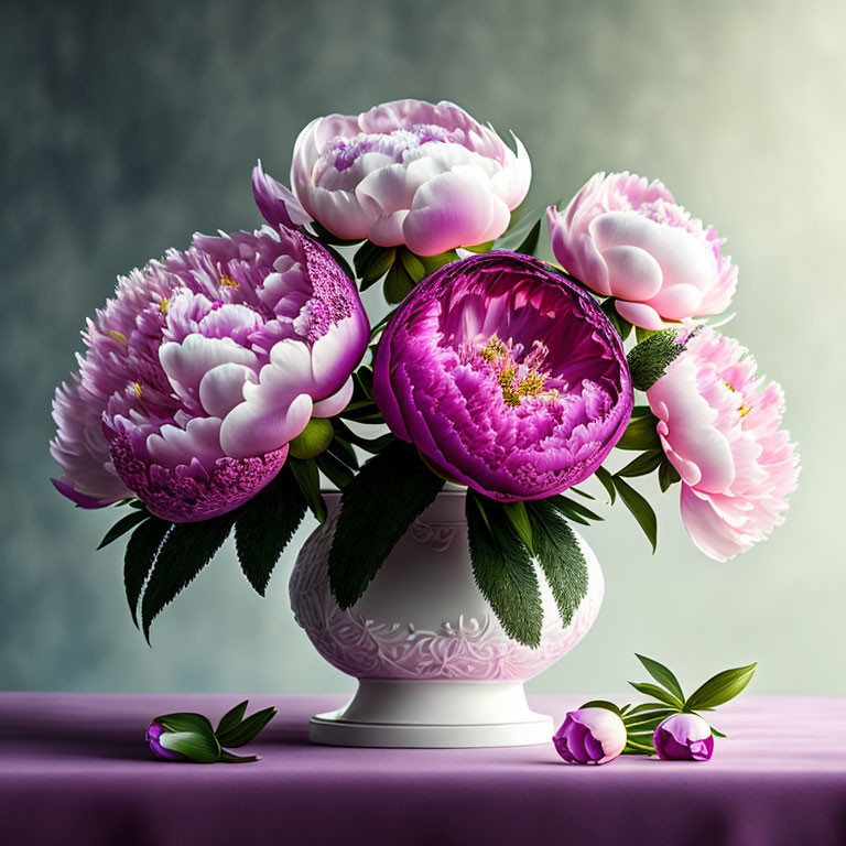 Pink peonies bouquet in white vase on purple surface