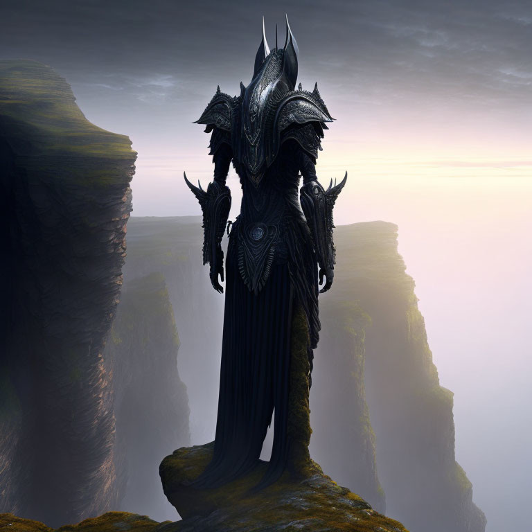 Dark Armored Figure on Cliff Edge with Misty Abyss and Pale Sunrise