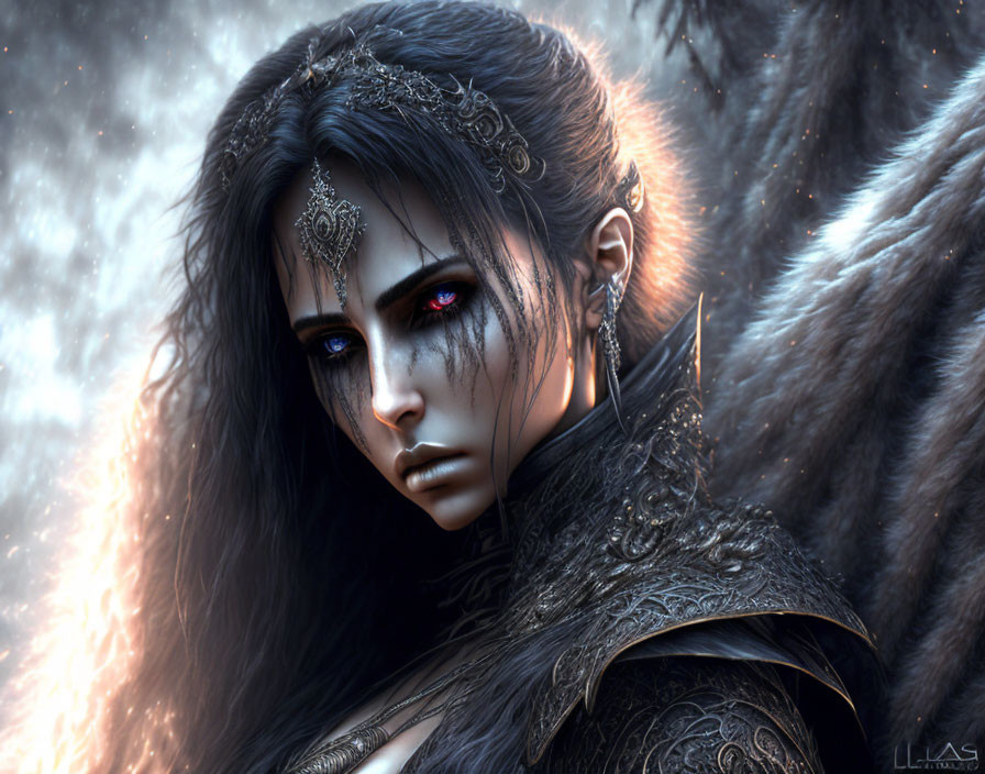 Digital artwork: Woman with dark hair, red eyes, elaborate headpiece, black armor on soft glowing