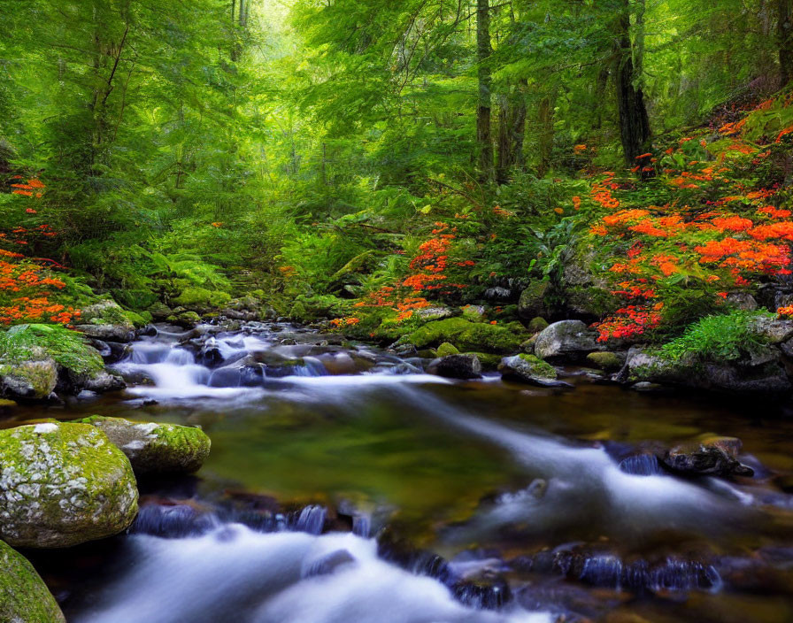 Tranquil forest stream with moss-covered rocks and red flowers