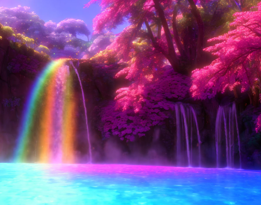 Scenic waterfalls with rainbow reflection, pink foliage, and purple lighting.