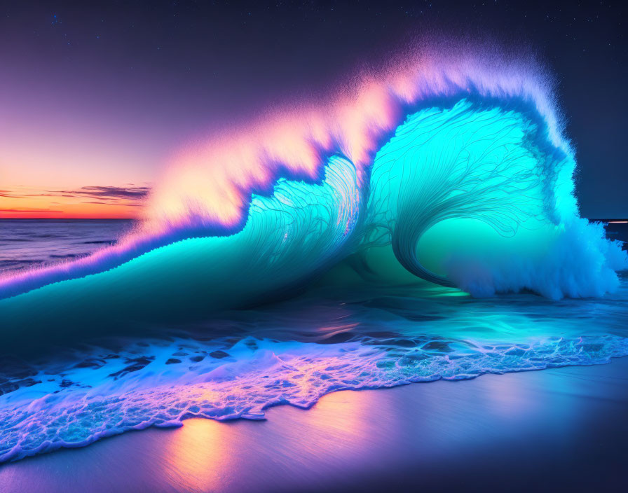 Twilight beach scene with neon-lit wave and starry sky