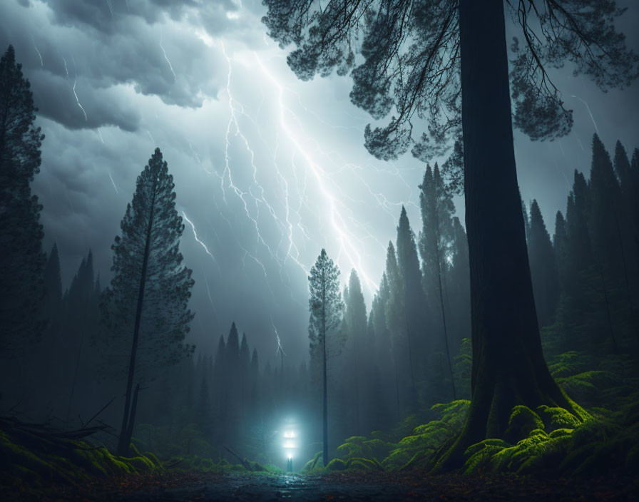 Mysterious vehicle headlights in stormy forest scene