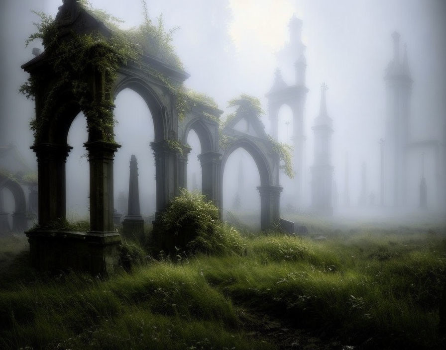 Misty arches and columns with overgrown greenery.