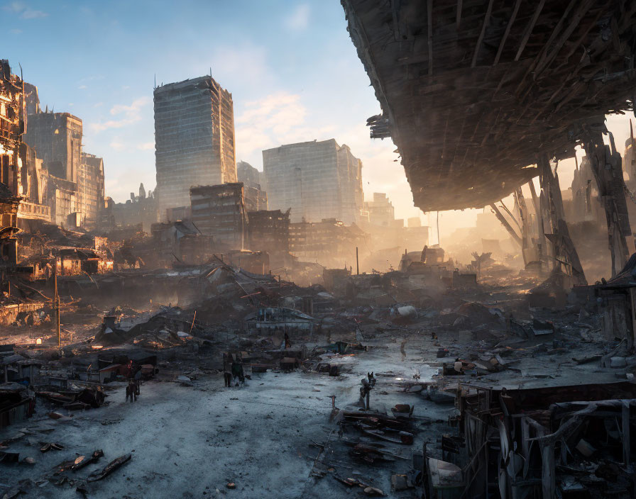 Ruined cityscape with survivors under massive structure in hazy sunlight