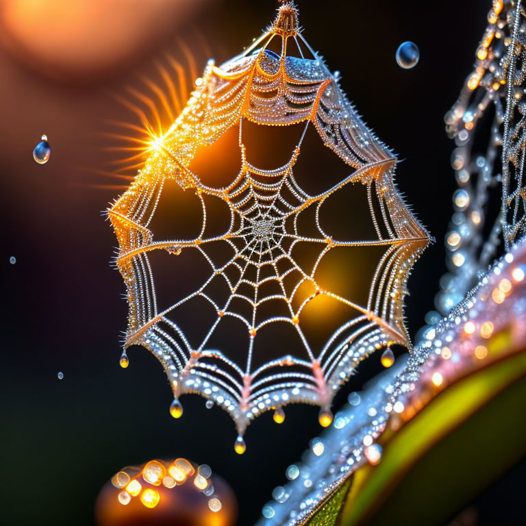 Glistening dew on spider web in sunlight with blurred background