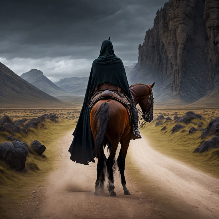 Cloaked rider on brown horse in mountain landscape storm scene