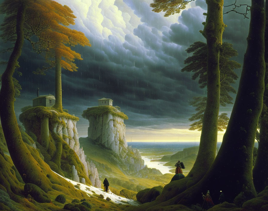 Dramatic landscape with cliffside houses, towering trees, figures on a descending path, and storm