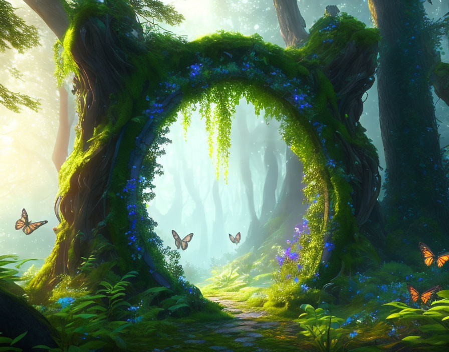 Mystical forest scene with mossy archway, sunlight, butterflies, and pathway