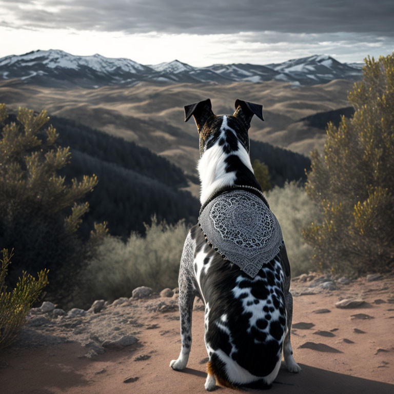 Dog wearing lace cloth gazes at serene hilly landscape