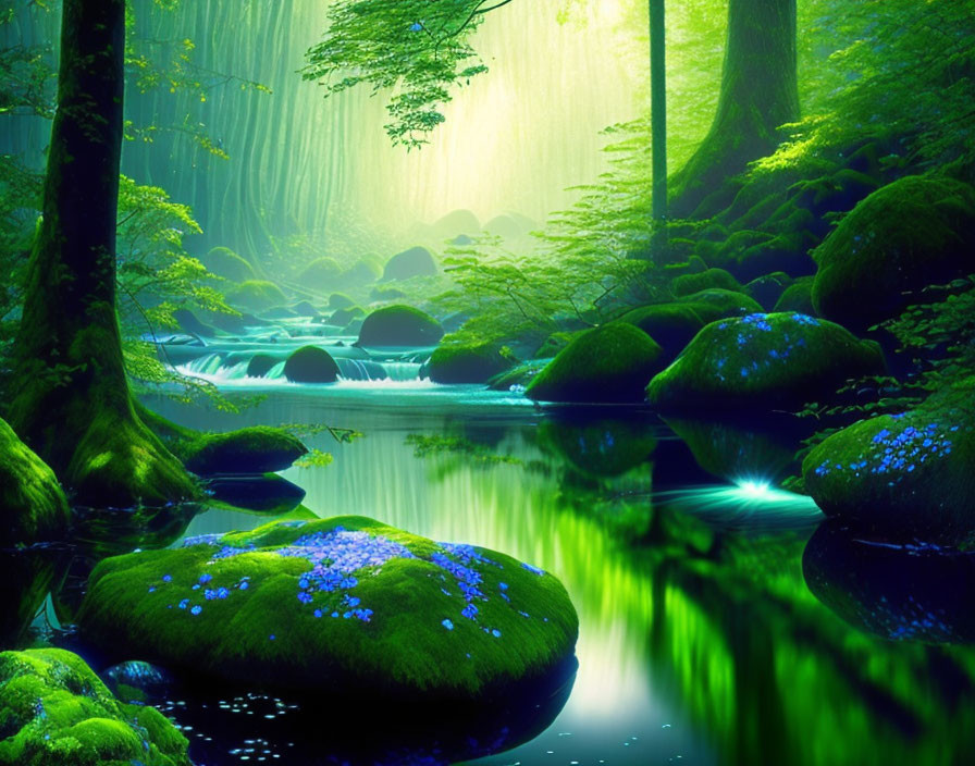 Tranquil forest scene with moss-covered rocks, stream, blue flowers, and sunlight.