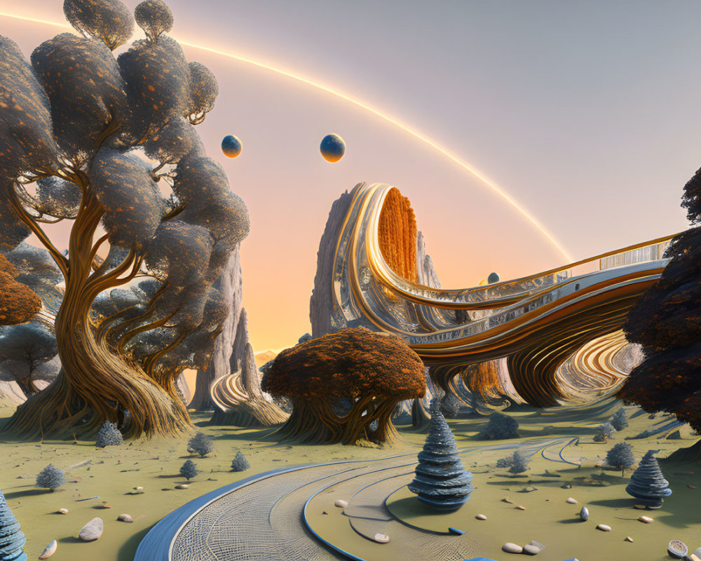 Surreal landscape featuring oversized trees, golden pathways, cliffs, and celestial bodies.