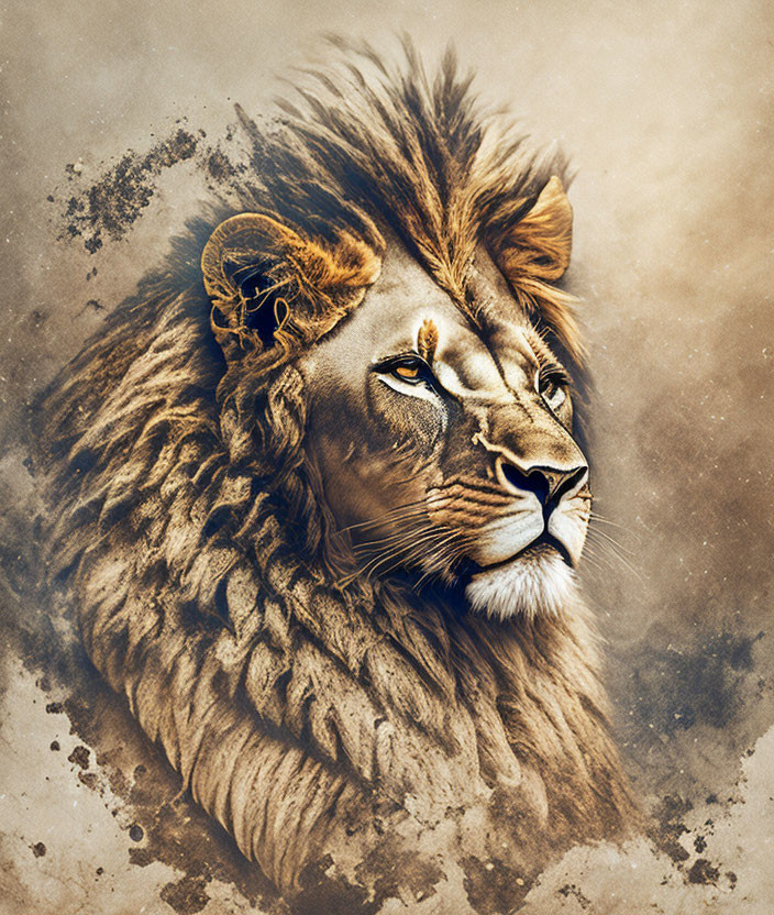 Detailed lion head illustration on textured golden-brown background