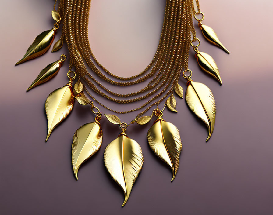 Layered Gold Necklace with Leaf Pendants on Gradient Background