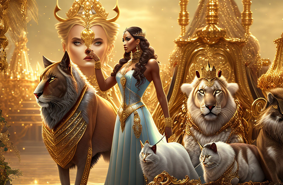 Regal woman in blue and gold gown with lions and throne in surreal golden setting