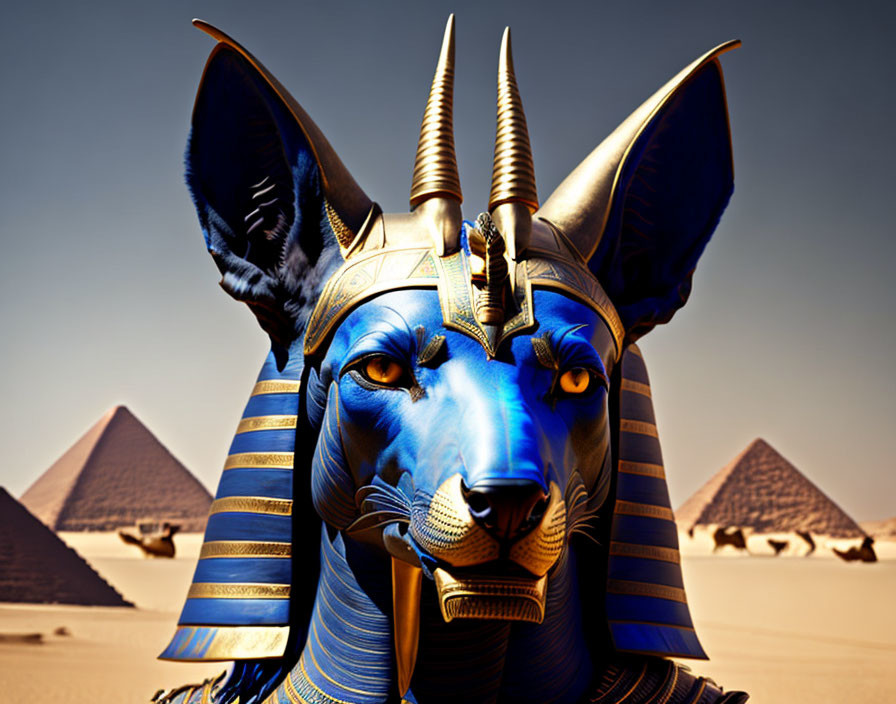 Golden and Blue Headdress Anubis Figure in Desert Pyramid Setting