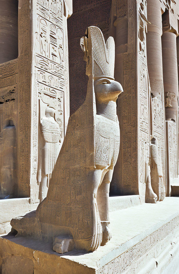 Ancient Egyptian temple entrance with Horus statue and hieroglyphic columns