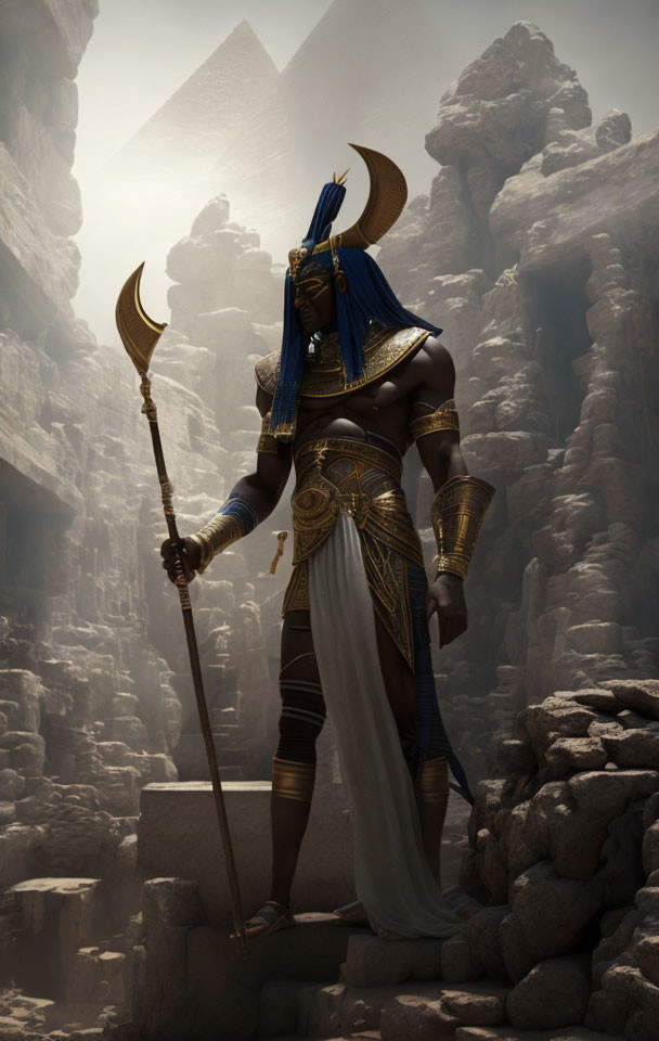 Muscular jackal-headed Anubis at Egyptian pyramids with golden ankh and staff