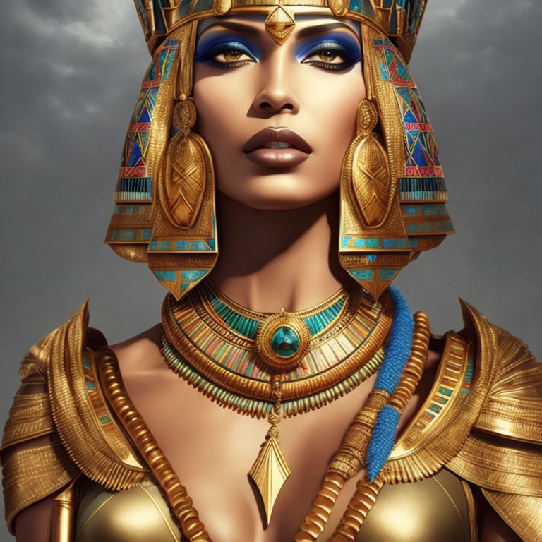 Digital artwork of woman as ancient Egyptian queen with gold, blue, and turquoise jewelry.