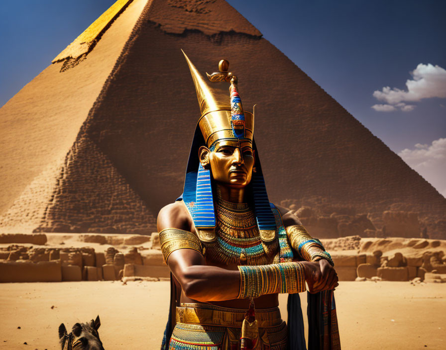 Ancient Egyptian Pharaoh Statue with Golden Headdress and Great Pyramid in Background