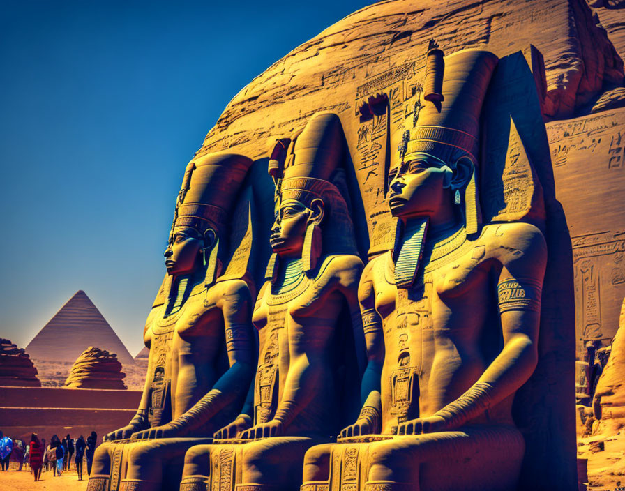 Giant pharaoh statues at temple with hieroglyphics and pyramid in the distance