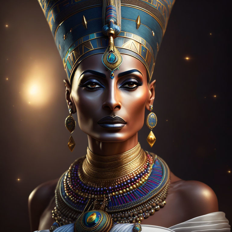 Digital portrait of woman as Egyptian queen with bejeweled accessories on starry backdrop