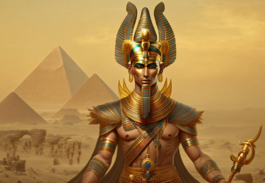 Egyptian Deity with Golden Headdress and Pyramids in Desert