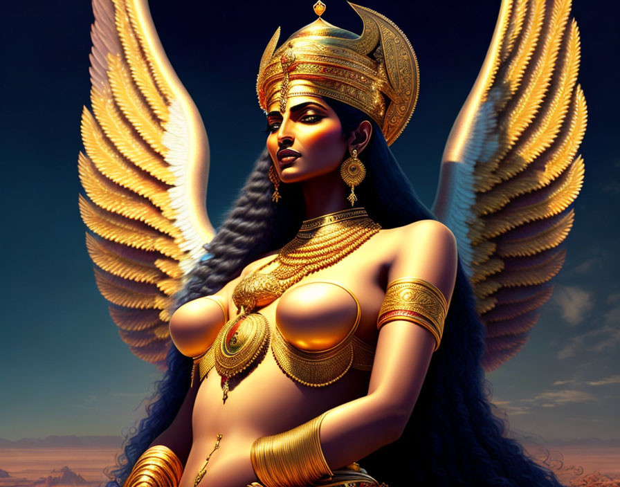 Woman with wings and golden jewelry in desert setting