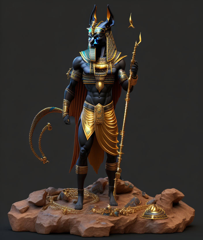 3D-rendered image of Anubis with black jackal head and golden armor