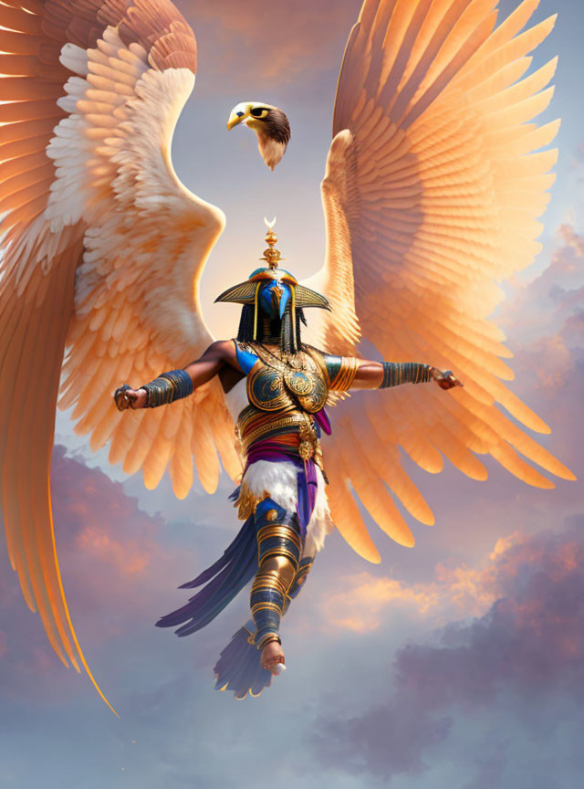 Armored figure with eagle wings soaring in cloudy sky