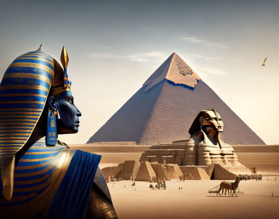 Digital artwork of Egyptian pharaoh with blue and gold headdress in desert landscape