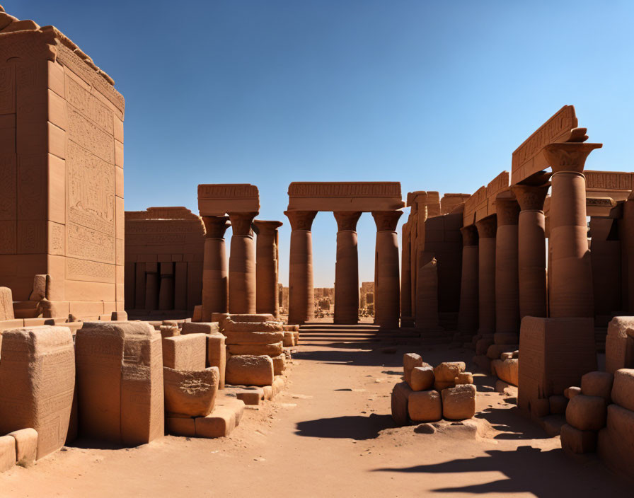 Ancient stone temple with columns in desert landscape