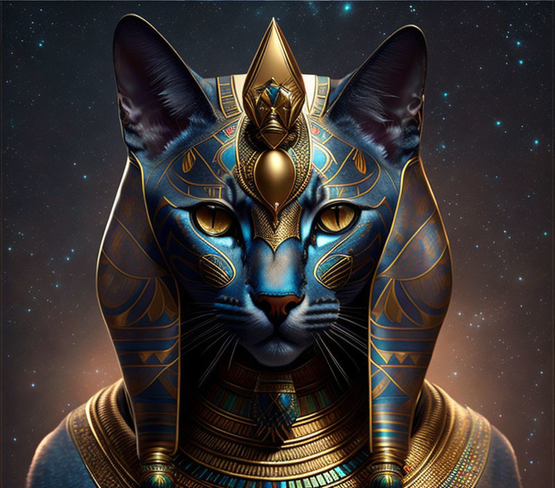 Digital artwork of cat with Egyptian god stylized features in golden headdress on starry background