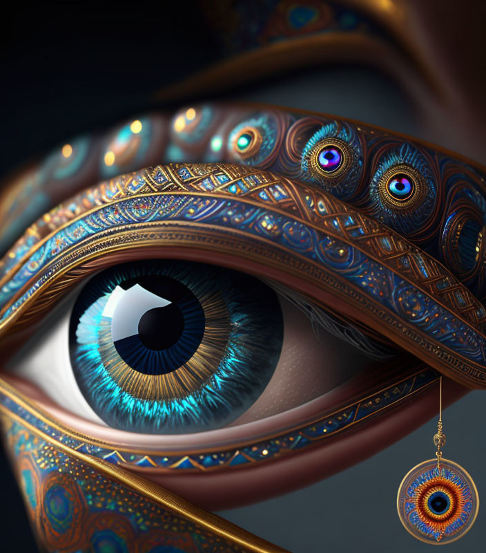 Detailed digital artwork of stylized eye with intricate patterns and peacock feather pendant