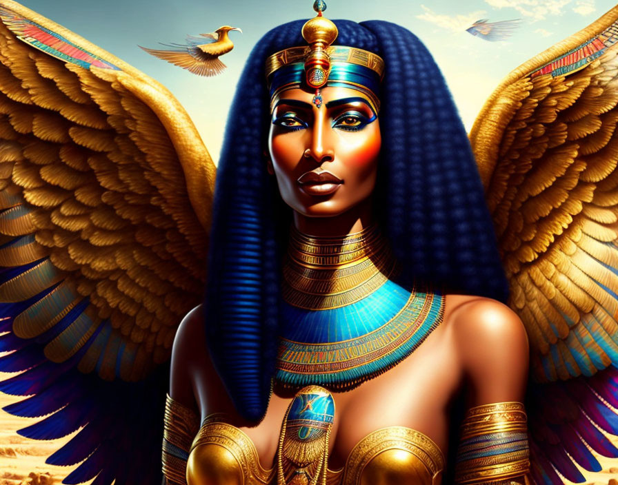 Egyptian goddess with golden wings and royal headdress in desert setting