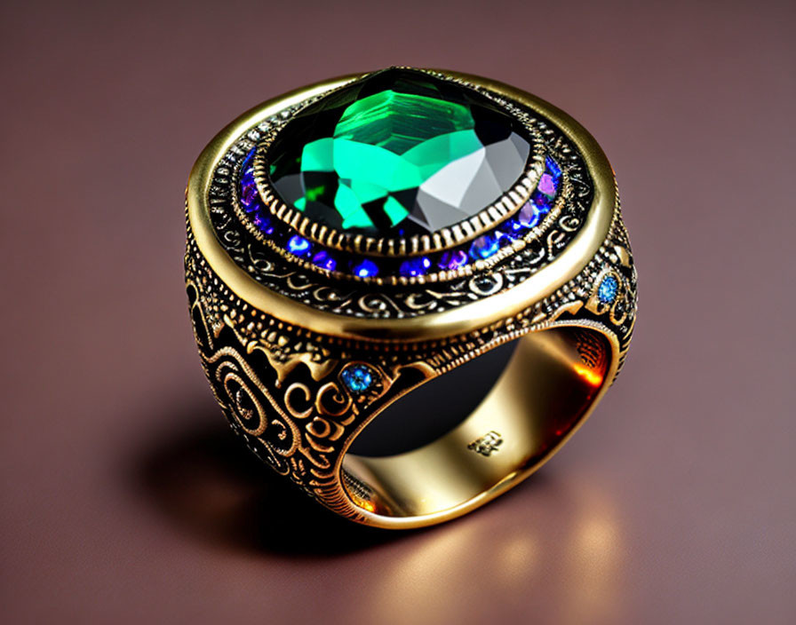 Intricate golden ring with green and blue gemstones on maroon background